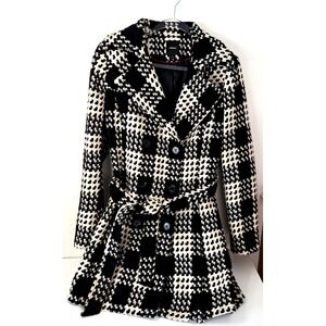 Express Plaid‎ Wool Blend Tweed Belted Trench Coat Womens L Black Ivory Lined